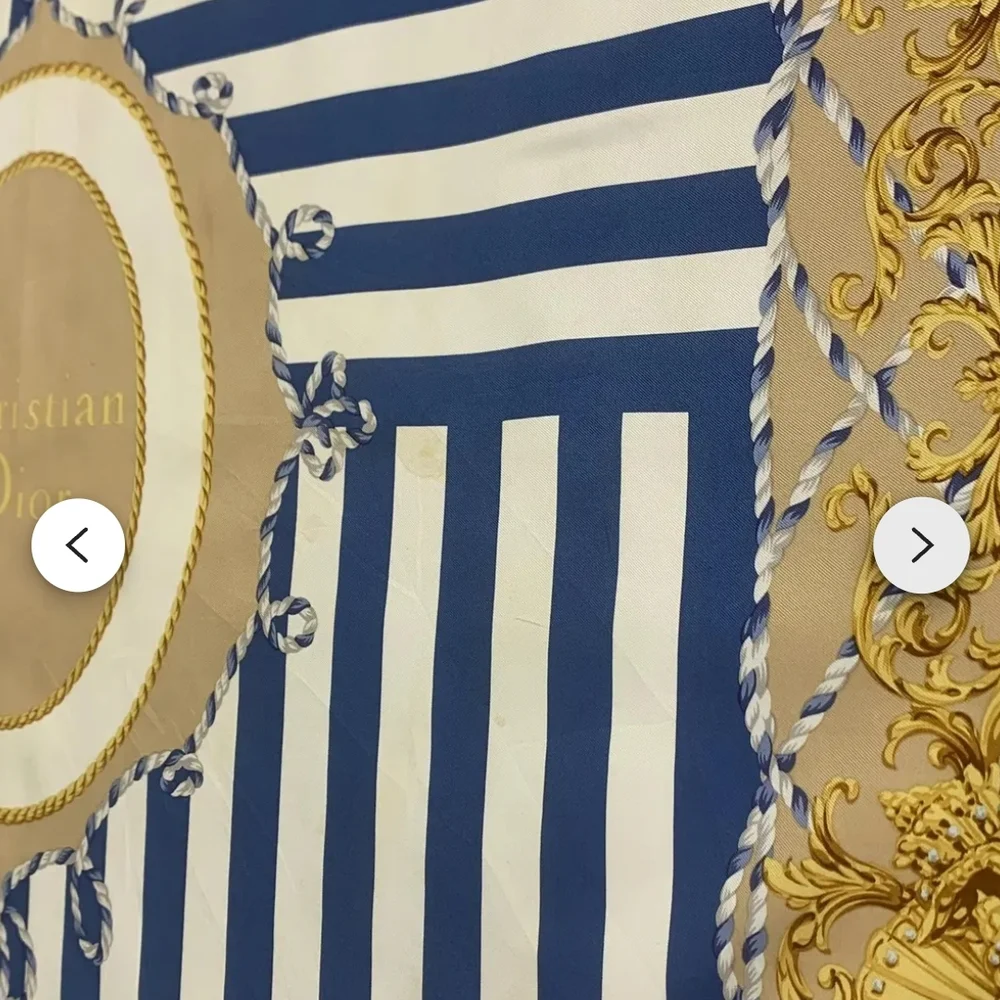 Vintage Christian Dior Beige Blue and Gold Silk Scarf